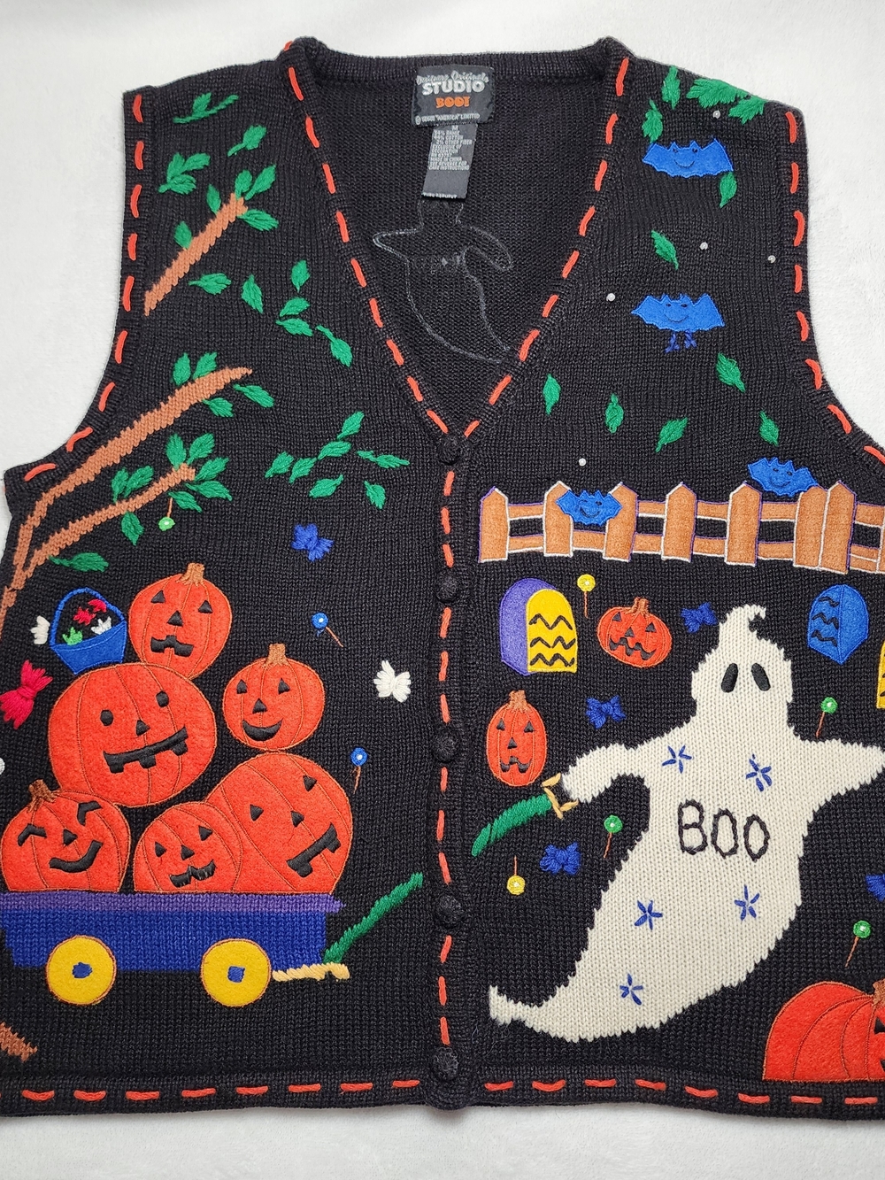 Vintage Halloween Sweater Vest Grandmacore Black Knit Pumpkin Spooky Ghost Whims